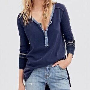 We The Free Navy Blue Long Sleeve Blouse with denim and jewel accents